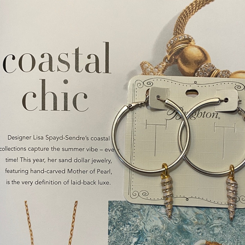 Brighton Saltwater Shells Silver Hoop Earrings w/ Gold & Crystal accents